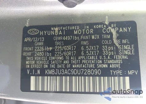 2013 Hyundai Tucson Gls from USA, damaged, VIN KM8JU3AC9DU728090